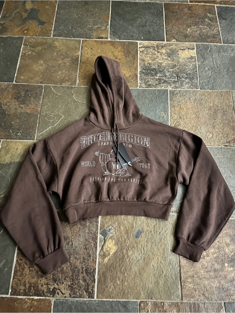 True Religion Chocolate Brown Cropped Hoodie with Logo